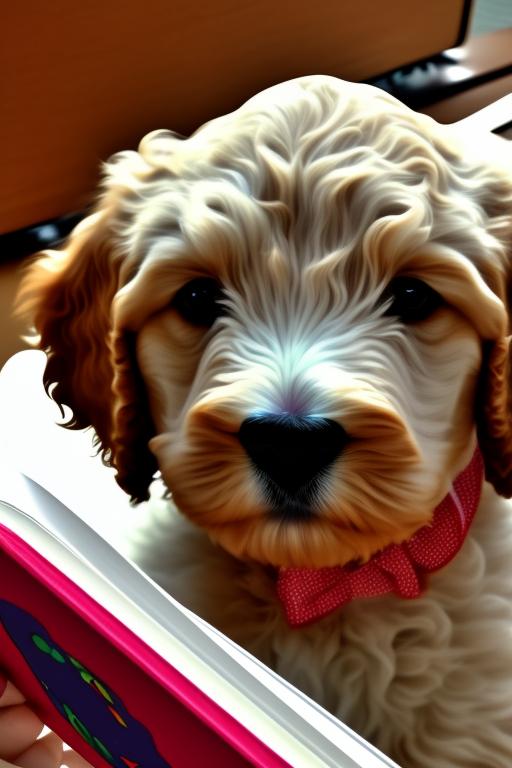 A toy goldendoodle puppy red with a white blaze and muzzle sitting in school with a book like they are kearning
